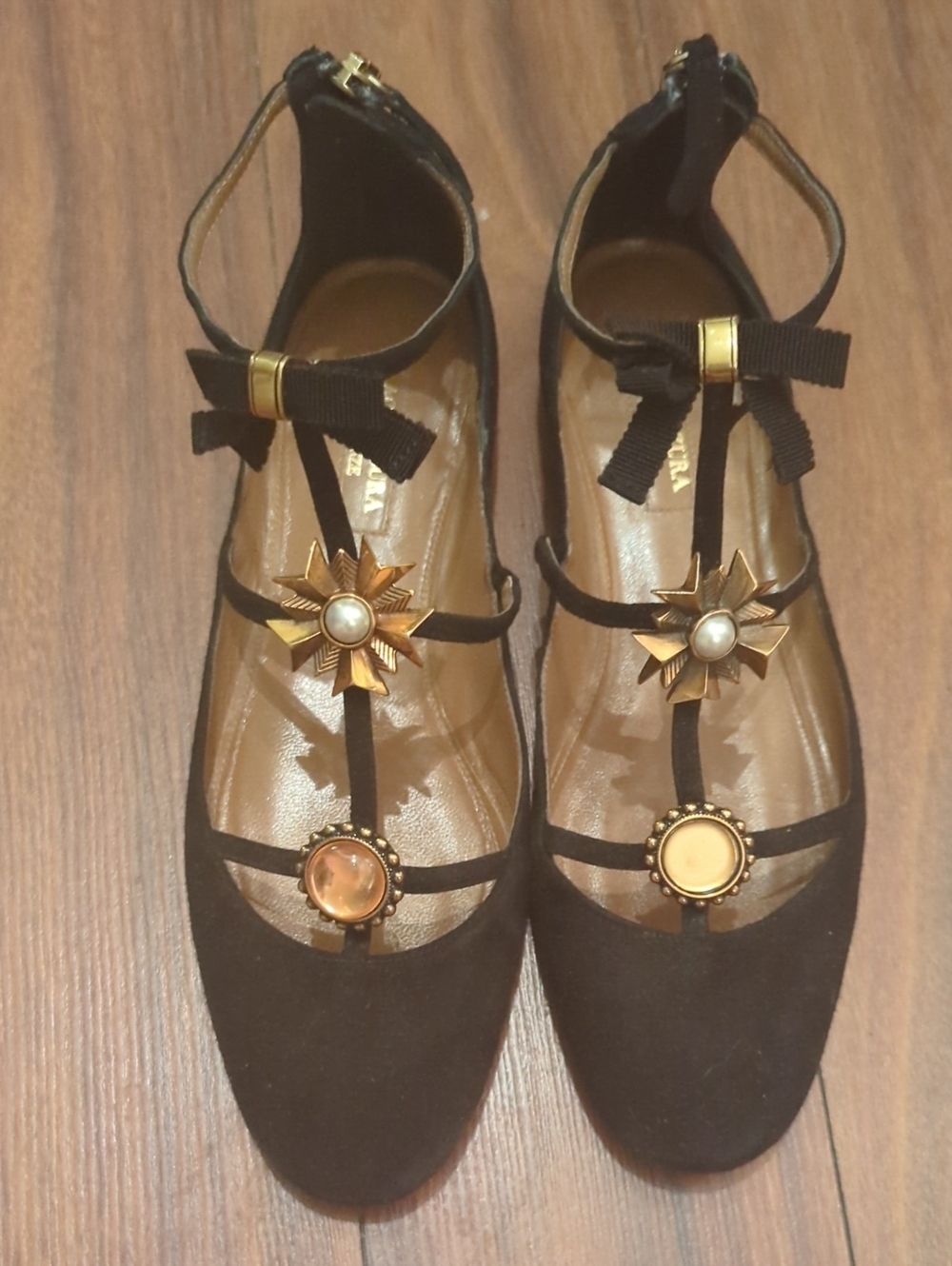 Aquazzura Black T-Strap Flats with Gold Star & Pearl Accents